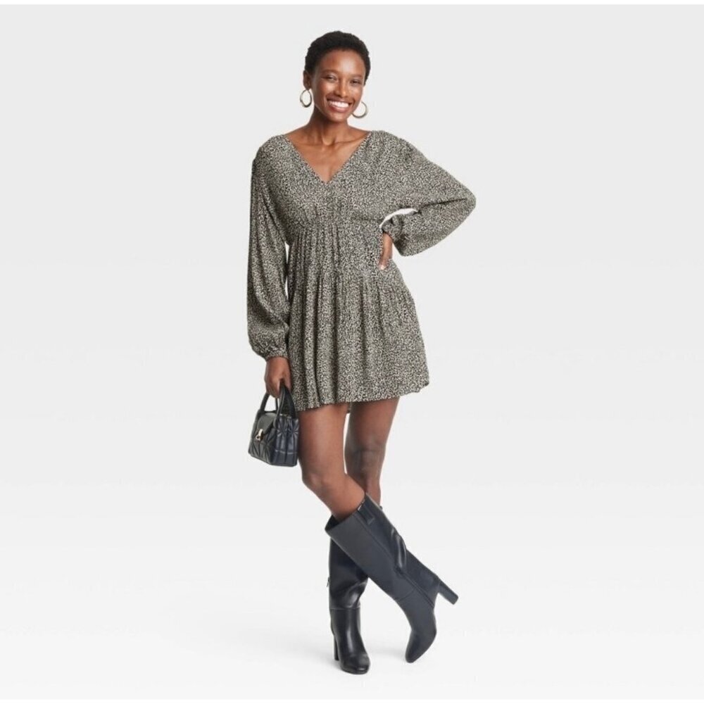 A.New Day women's balloon long sleeve dropped waist mini A-line Leopard dress M